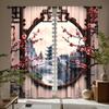 2PCS Asian Sakura Pagoda Sheer Curtains for Living Room Bedroom Office Polyester Home Decor Modern Chinese Art Rod Pocket