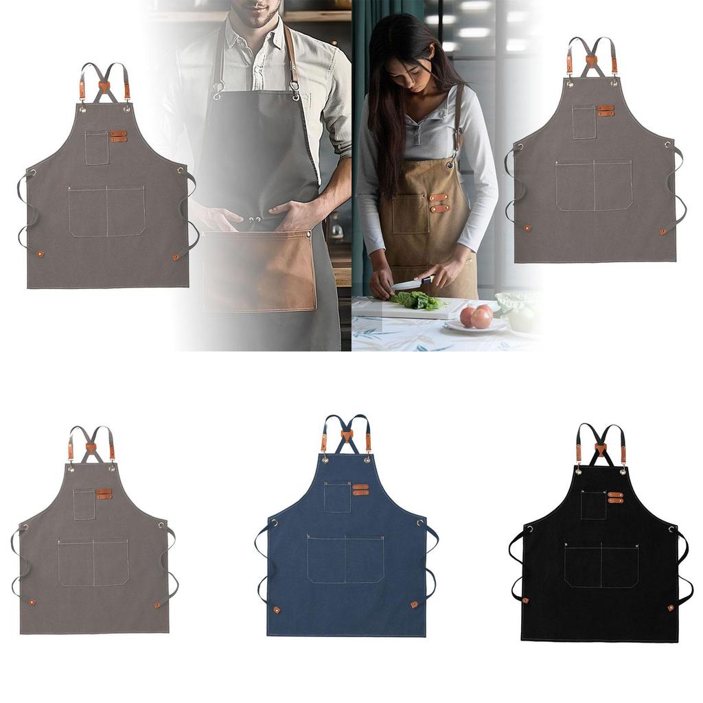 Adjustable Canvas Chef Apron with Pockets And Straps, Waterproof, Wearresistant, Suitable for