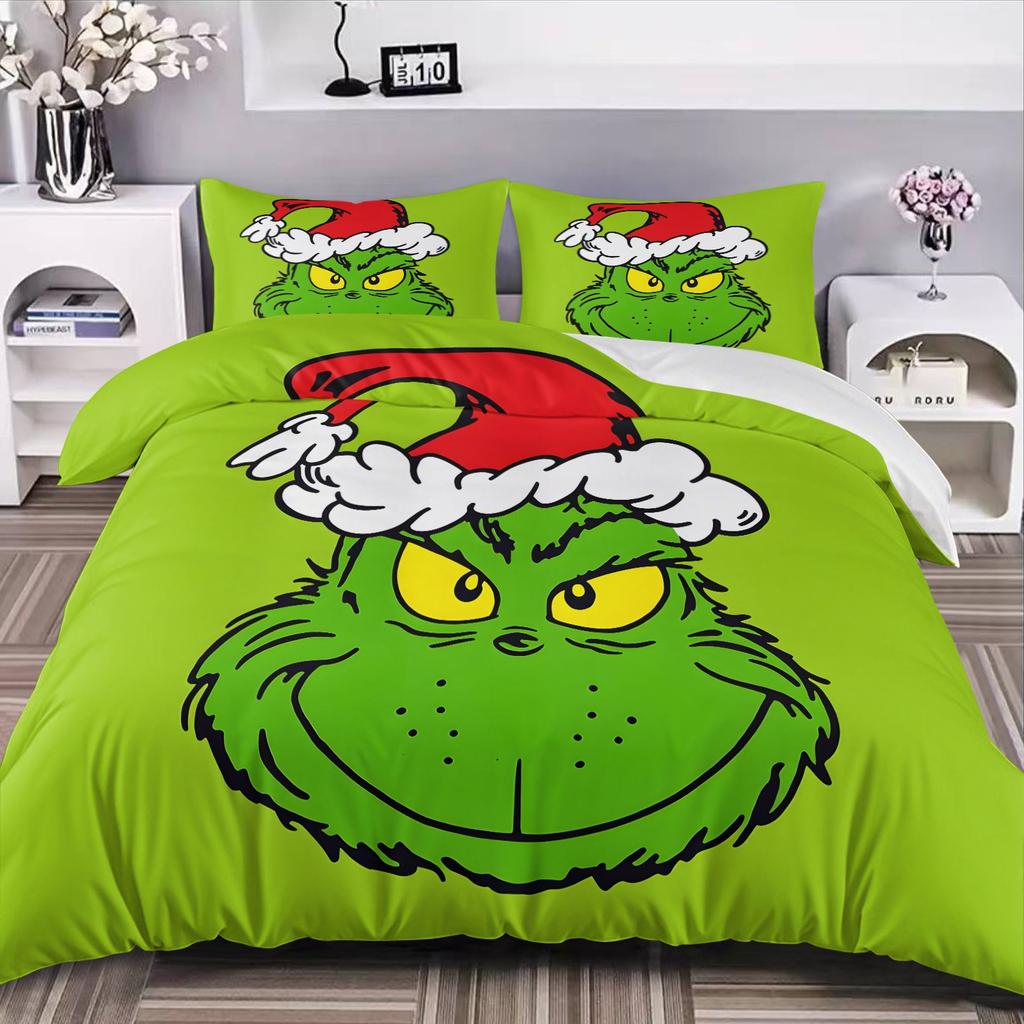 NEU Green Monster Stole Christmas Komfort Bettwäscheset Bettwäscheset Grinch Bettbezug-Set King Queen Größe Für Jungen Mädchen Geschenke