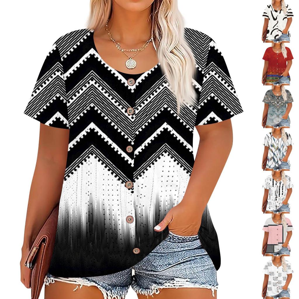 Plus Size Women's Fashion Casual Vintage Printed O-Neck Short Sleeve Button T-Shirt Top