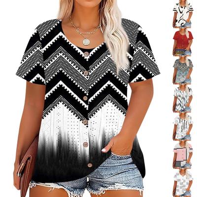 Plus Size Women's Fashion Casual Vintage Printed O-Neck Short Sleeve Button T-Shirt Top