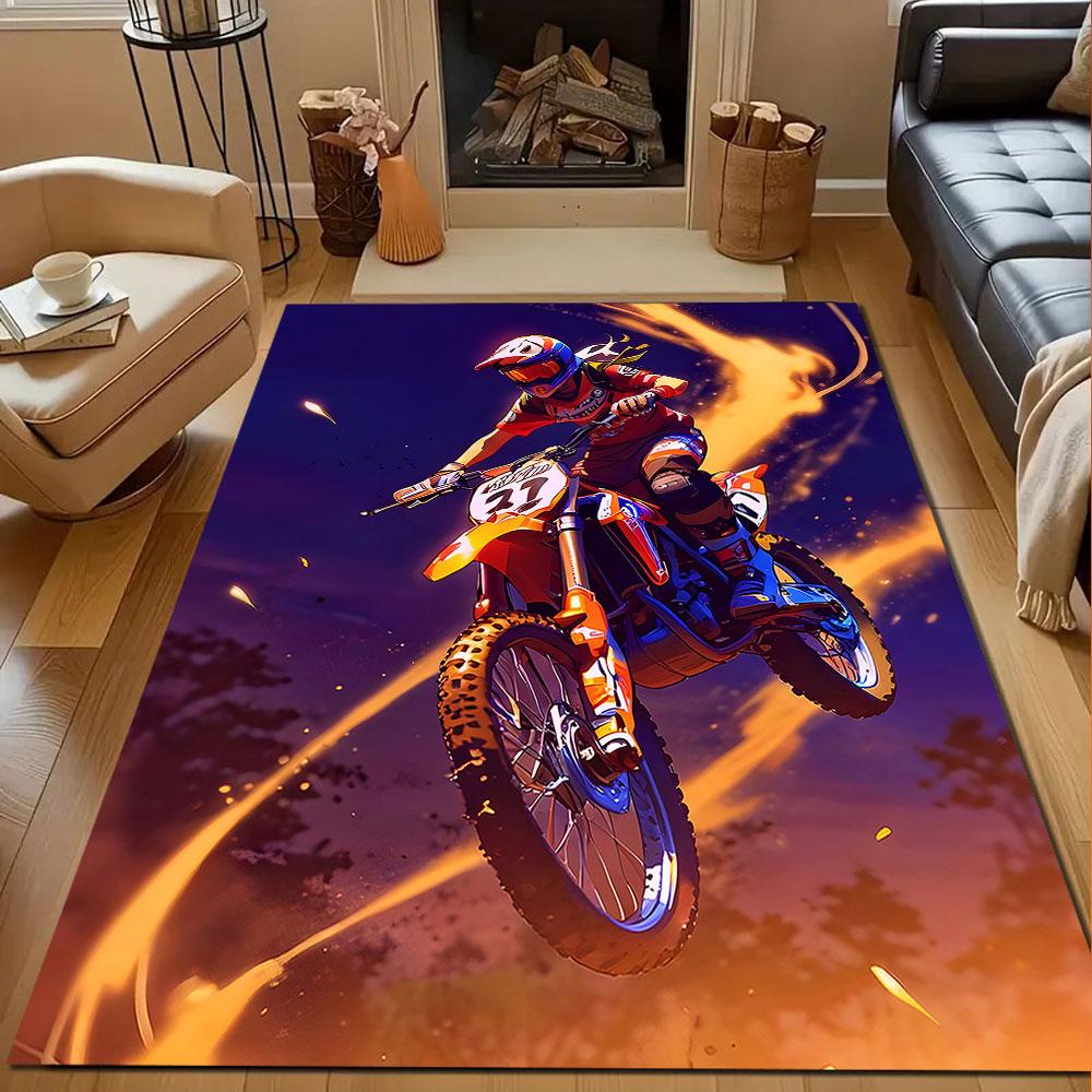 "Motocross Rider in Fiery Action" Patterned carpet, non slip mat suitable for living room and bedroom sofas