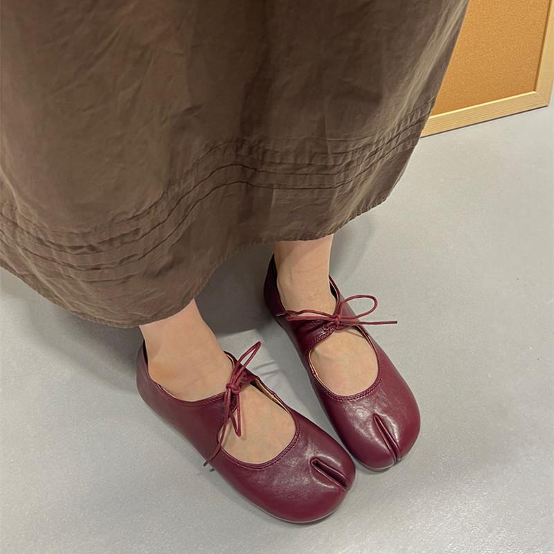 Fashion Bailamos Autumn Women Flat Shoes Fashion Split Toe Flat Heel Laofer Shoes Shallow Soft Leather Casual Outdoor Mary Jane Shoes