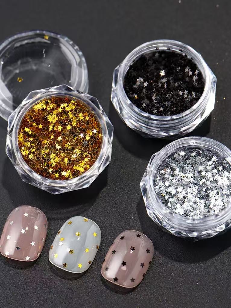 3pc Tiny Star Glitter Nail Flake Golden Silvery Black Small Pentagram Nail Seqiuns Kawaii Korean DIY Manicure Accessories