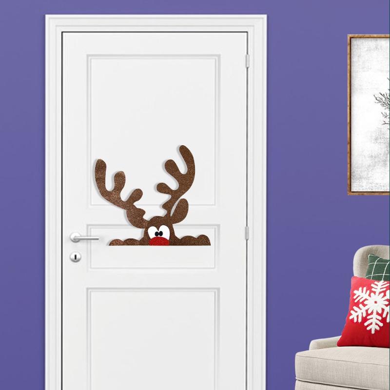 Christmas Door Window Stickers Felt Cloth Cartoon Snowman Santa Claus Elk Wall Sticker For Winter Xmas New Year Decoration Decal