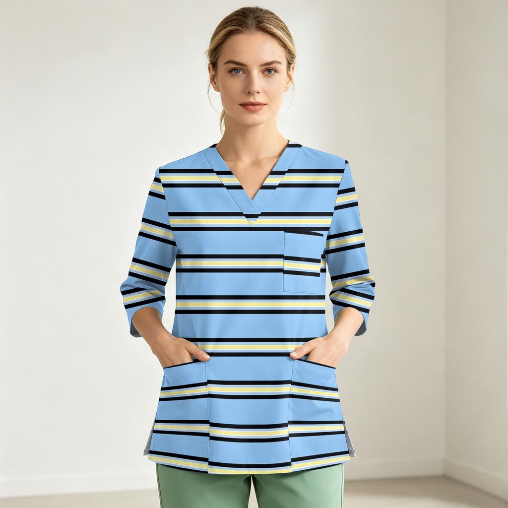 Women's Uniform Top Printed V-Neck 3/4 Sleeve with Single Pocket and Side Slit