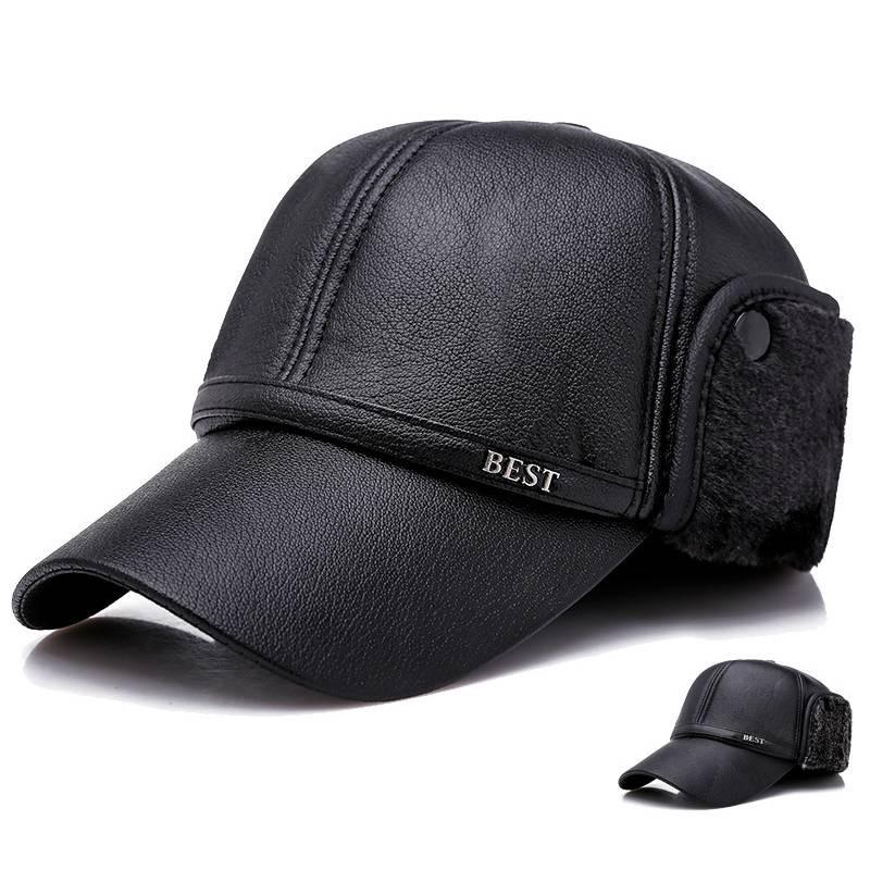 Durable Faux Leather Winter Cap With Ear Protection For Mens Outdoor Casual Fashion Accessory