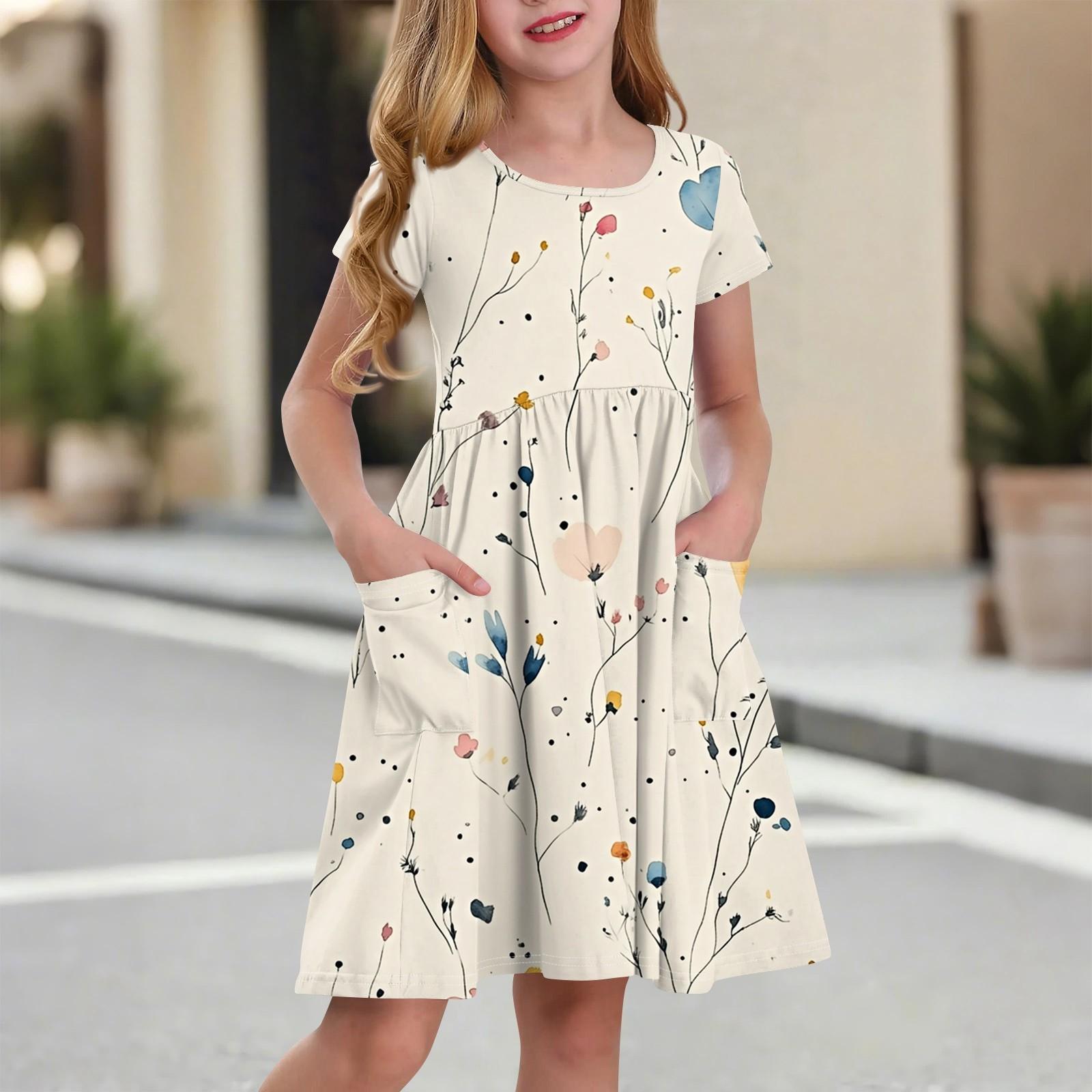 

Children s Skirt Round Neck Short Sleeve Princess Dress Fashion Casual Pocket Dress For Girls 130 бежевый
