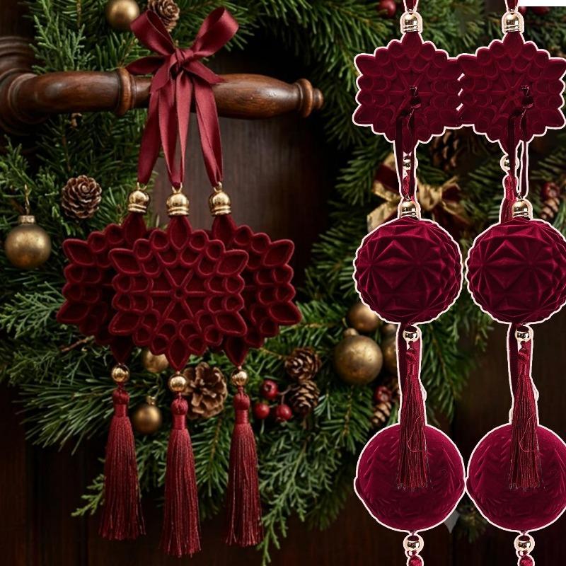 1/10x Burgundy Christmas Ball Elegant Tassel Hanging Ornament Flocked Christmas Ball Pendant Snowflake Shape Party Decoration
