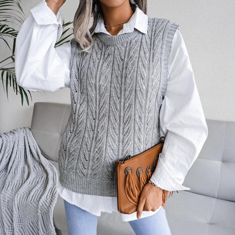 Women Crew Neck Sleeveless Knit Sweater Solid Color Tank Top Cutout Leaf Design Fall Winter Sizes S-L