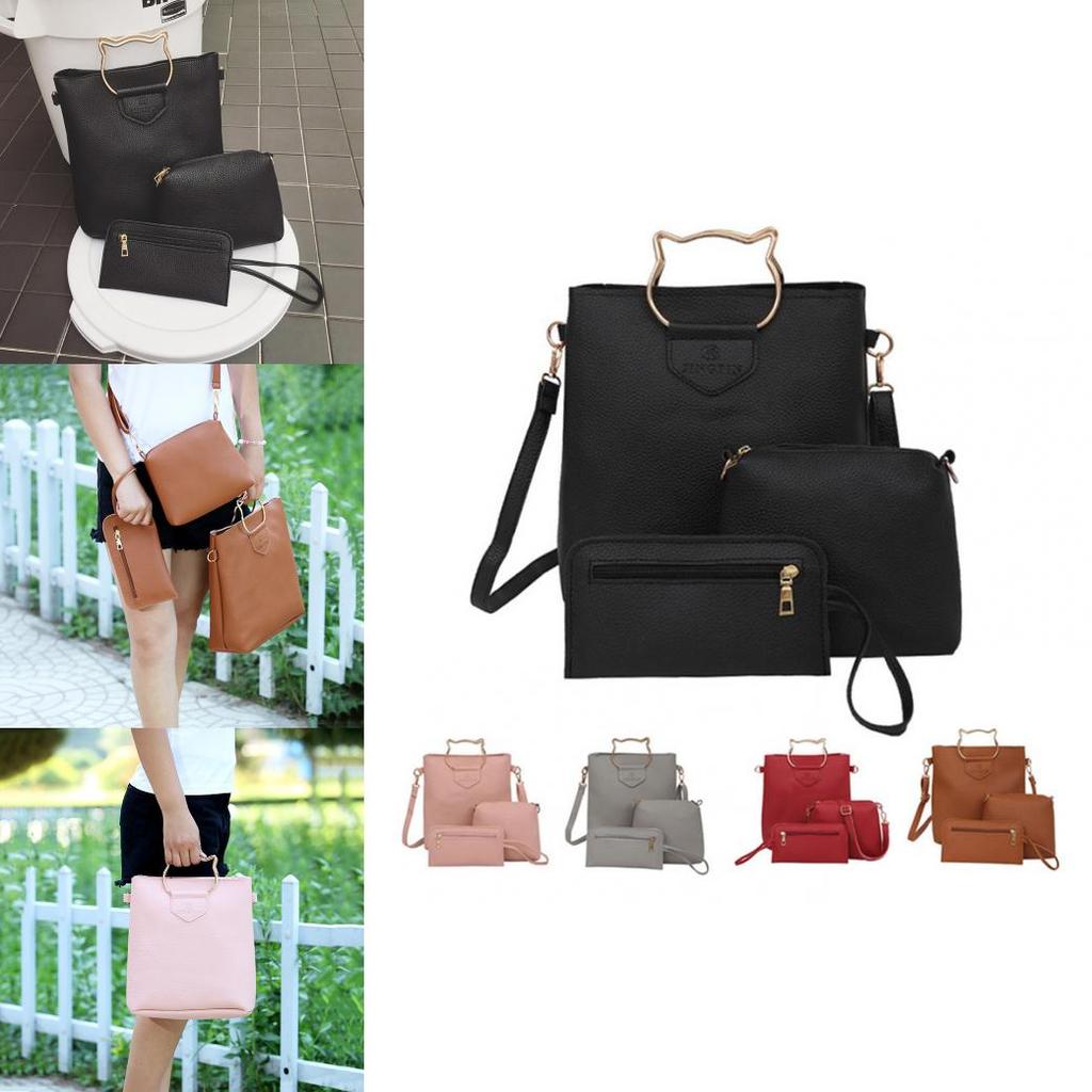 Korean Creative European And American Simple Cat Iron Handbag Three-piece Set Soft Pu Material
