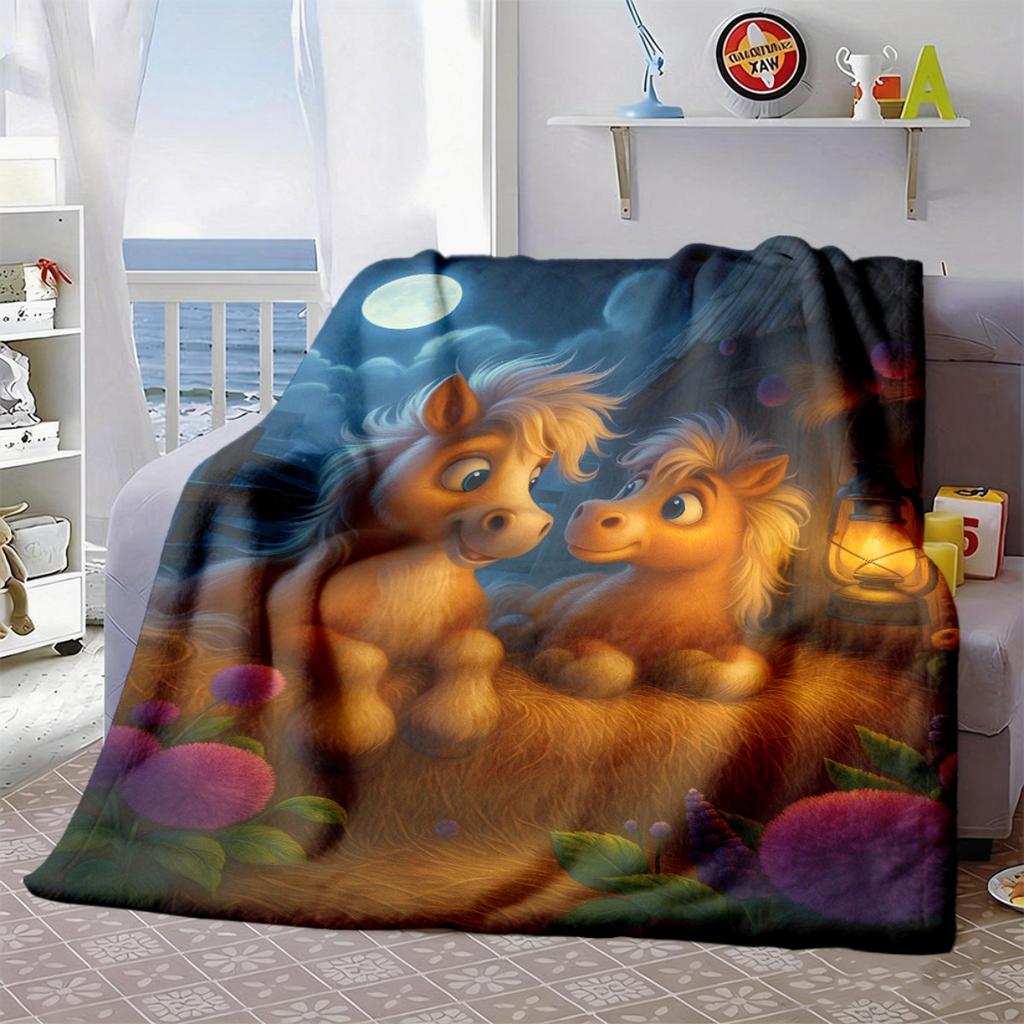 2026 New Arrivals 1pc Adorable Cartoon Horse Blanket - Cozy, Soft Flannel Throw for Sofa, Bed, Car, Office, Camping & Travel - All-Season Gift Blanket