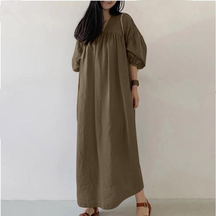 

Женское корейское платье Lesiure Holiday с V-образным вырезом и рукавами-фонариками 3/4, плиссированное мешковатое длинное платье XL коричневый