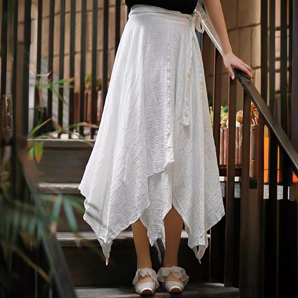 Women's Spring/Summer Cotton Linen Bamboo Ribbon Skirt - Irregular Chinese Style.