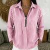 Women's Casual Loose Fit Long Sleeve Shirt Half Zip Front Striped Pattern Collared Blouse Lightweight Top for Everyday Wear