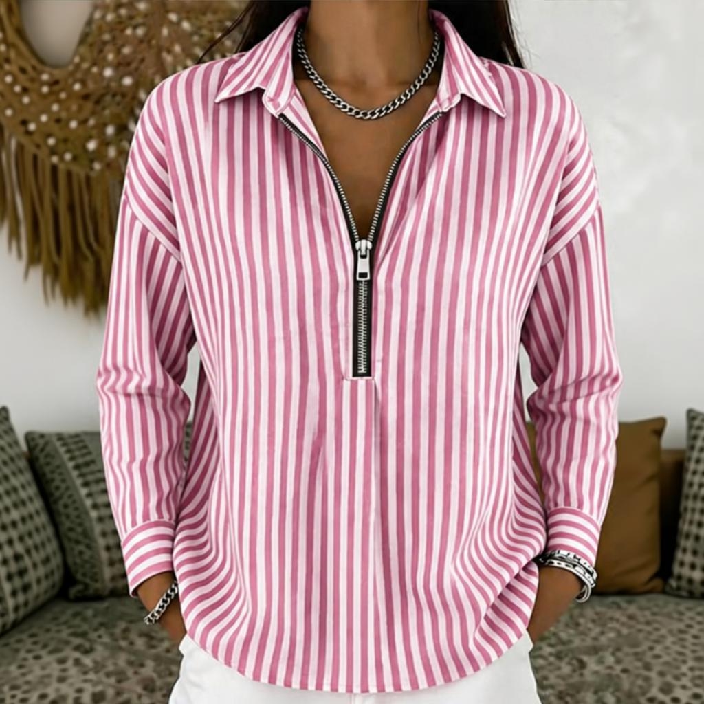 Women's Casual Loose Fit Long Sleeve Shirt Half Zip Front Striped Pattern Collared Blouse Lightweight Top for Everyday Wear