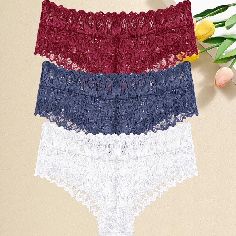 3PCS/Set Women Floral Lace Panties Sexy Perspective G-String High Waist Underpants Female Breathable Intimates Lingerie