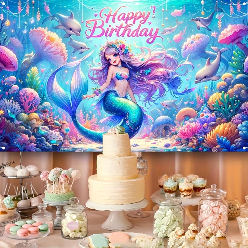 Mermaid Happy Birthday Background Photo Props, Happy Birthday Polyester Banner Decoration, Birthday Party Wall Decoration
