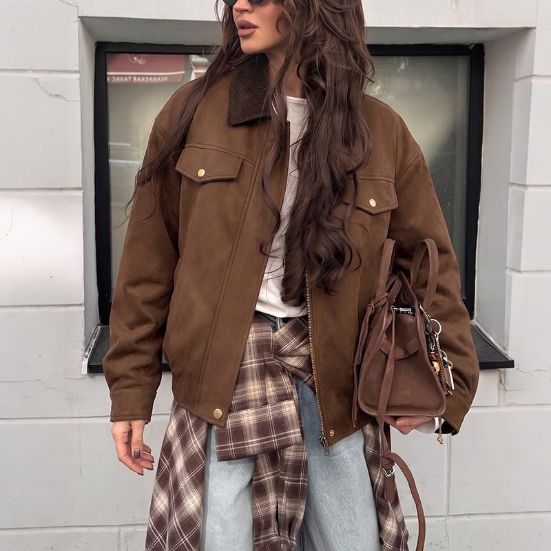 Womens Oversized Retro Utility Jacket Fall Winter 2026 Loose Straight-Cut Coat In Coffee Brown Army Green Beige