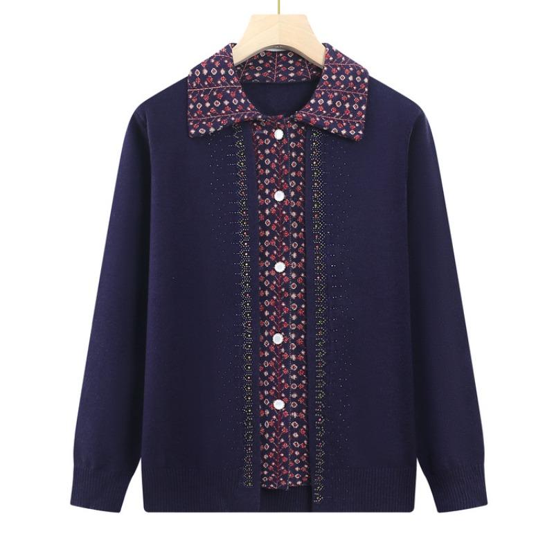 Mamas Herbst-Neuheit Langarm-Strickpullover Oma Lässiger Cardigan mit Kragen Mittel- und Alt-Herbst-Pulloverjacke