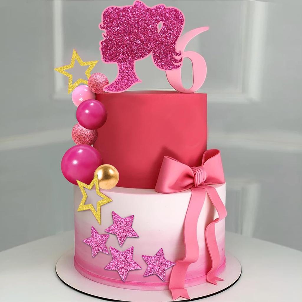 36 STK Heißrosa Mädchen Kuchenaufsatz Kugeln Kuchendekorationen mit Pinken und Goldenen Kugeln Glänzende Sterne für Hochzeit Mädchen Geburtstag