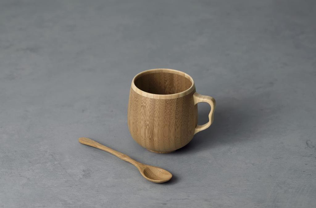 RIVERET Cafe Au Lait Mug and Spoon Set, Bamboo, Dishwasher Safe, White, RV-205WS (Brown)