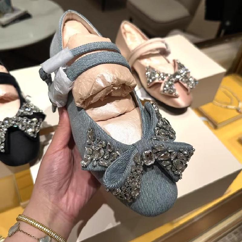 Fashion Bow Crystal Women Square Toe Sandals Flats Marie Janes Shoes Elegant Summer 2025 Trend Dress Party Shoes Lolita Loafers Zapatos
