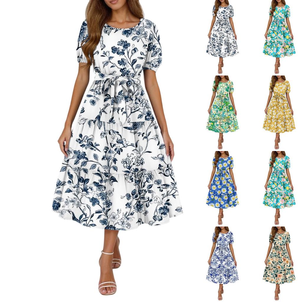Women's Summer Floral Print Short Sleeves Neck Waistband Bohemian Flowy Layered Maxi Dress With Pockets