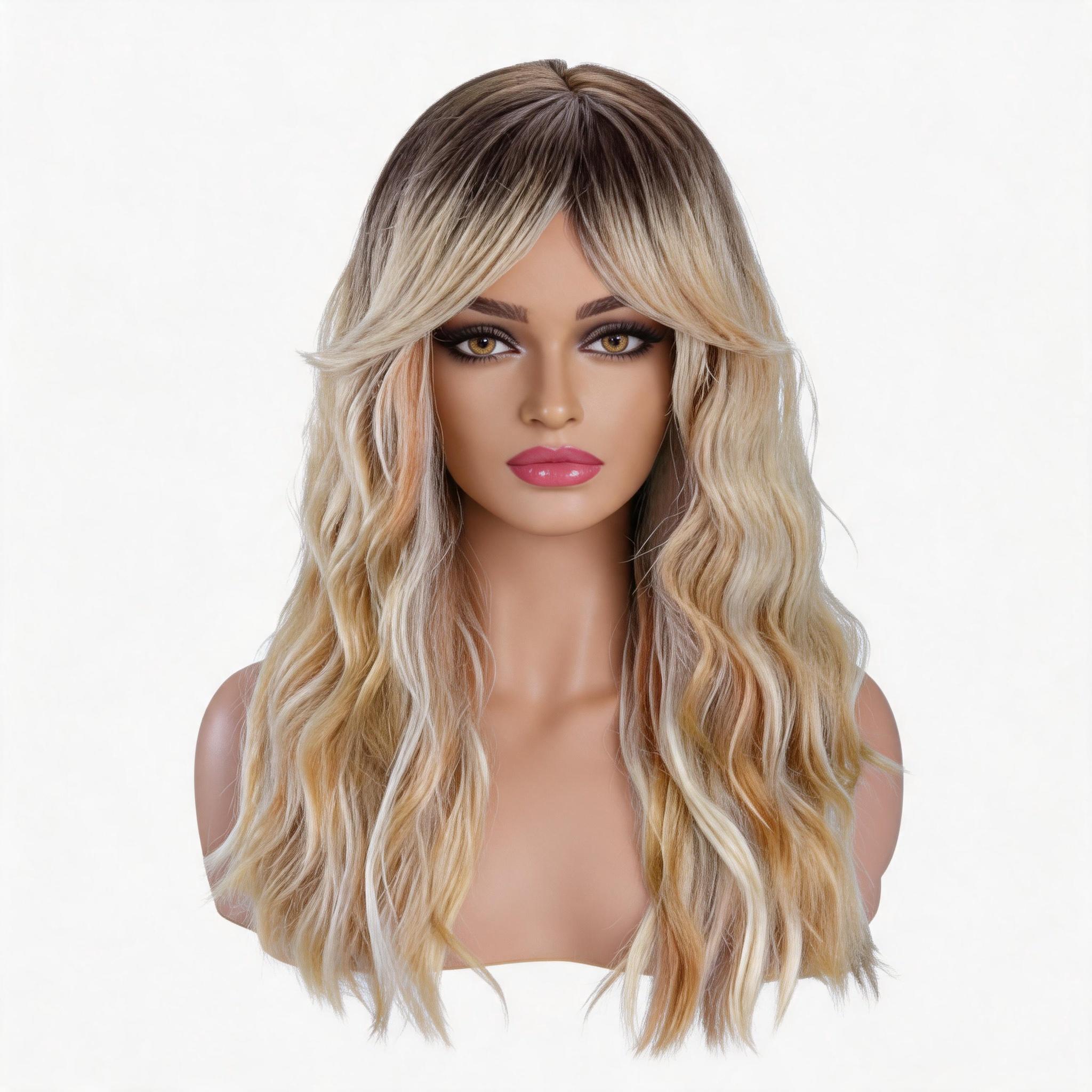 New Fashion 60cm Long Body Wave Wig Black Beige Ombre Synthetic Anime Lolita Cosplay Hair Wig Heat Resistant Adjustable Cap (Brown,24 )