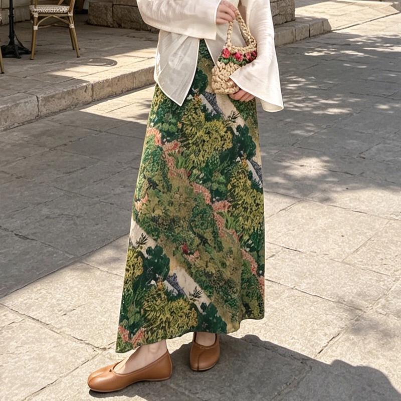 Bailuyu Women s Floral Print High-Waist Long Skirt L