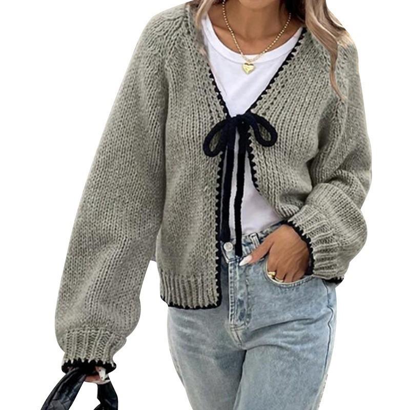 Womens Knit Cardigan Sweater With Tie Front Loose Fit Long Sleeve V-Neck Casual Outerwear