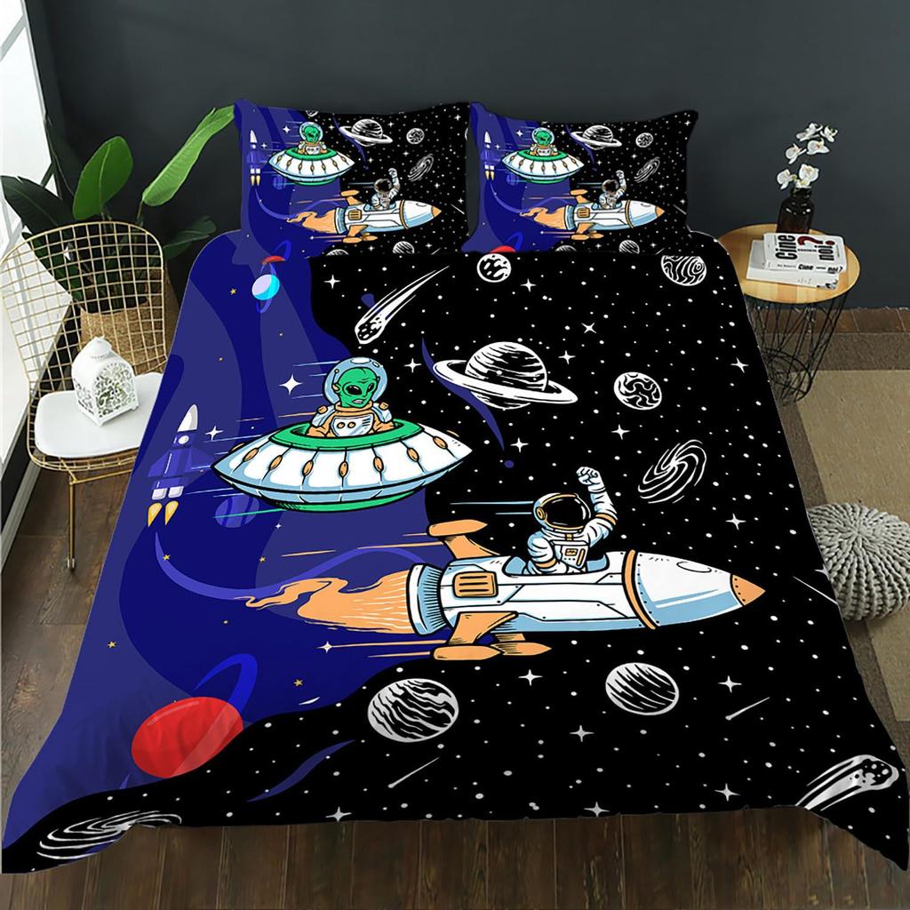 Three-Piece Space Astronaut Pattern Printed Duvet Set Suitable For Children'S Bedroom Decoration