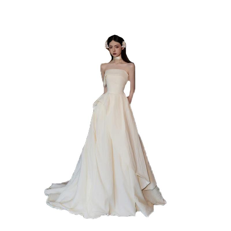 Tube Top Satin Light Wedding Dress Bride 1011 Mori Simple Retro Dress White Engagement Welcome Dress