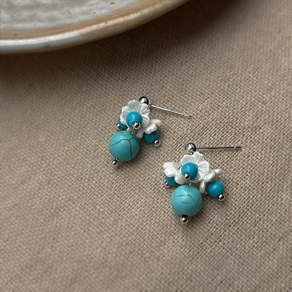 Ethnic Turquoise Round Beads Ear Stud Piercing Earrings For Women Bohemia Fashion New Jewelry Friend Gift Party Daily