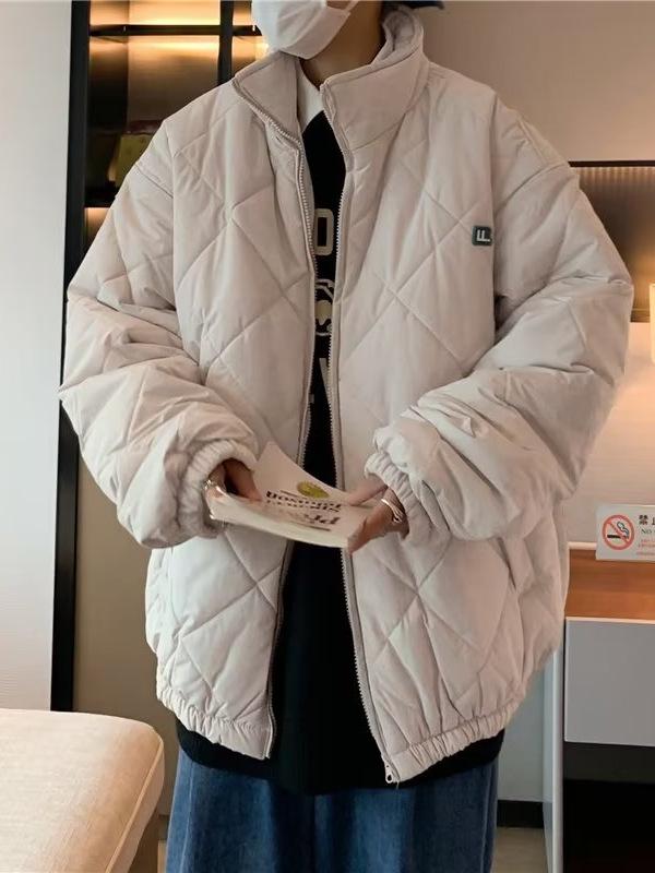 Men's Retro Diamond Lattice Cotton Padded Baseball Jacket - Trendy Stand Collar Winter Coat