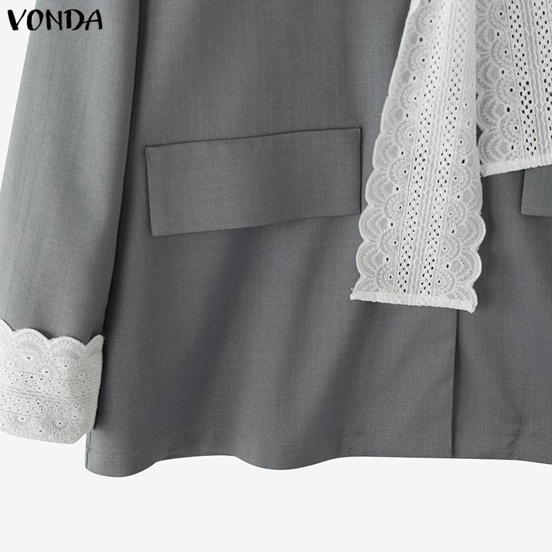 VONDA Women V-Neck Bow Lace Long Sleeve ButtonThin Cardigan Blazer
