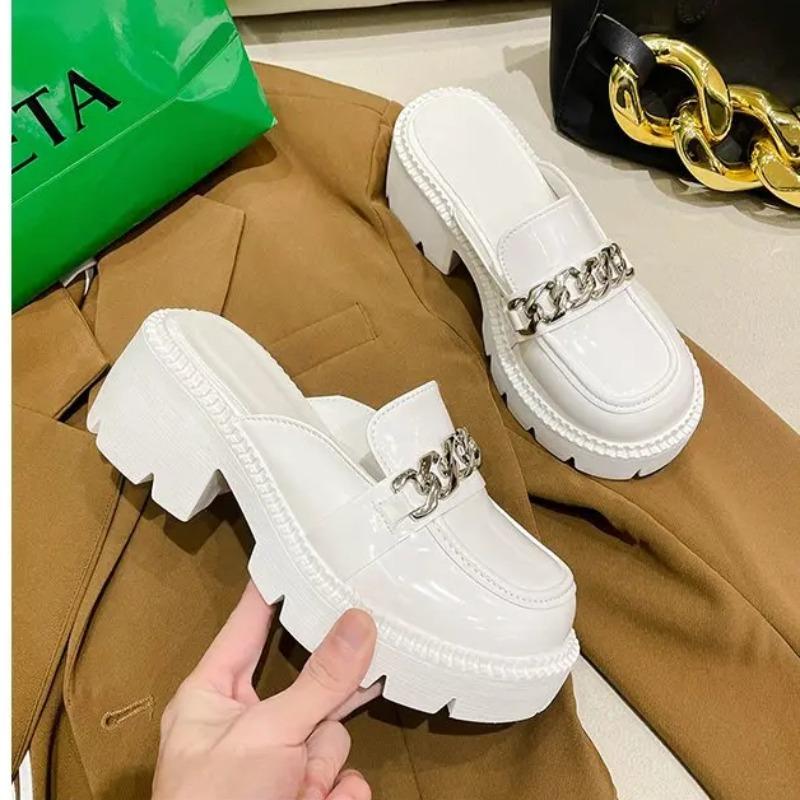 Fashion Women's Elevated Platform House Slippers Female Slides Shoes Square heel Mules Fashion Loafers Med Cover Toe Heels Luxury Fabric