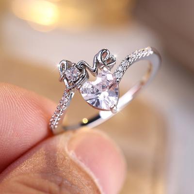 Minimalist Heart-shaped White Cubic Zirconia LOVE Letter Rings for Women Brides Wedding Rings Valentine's Day Jewelry Gifts