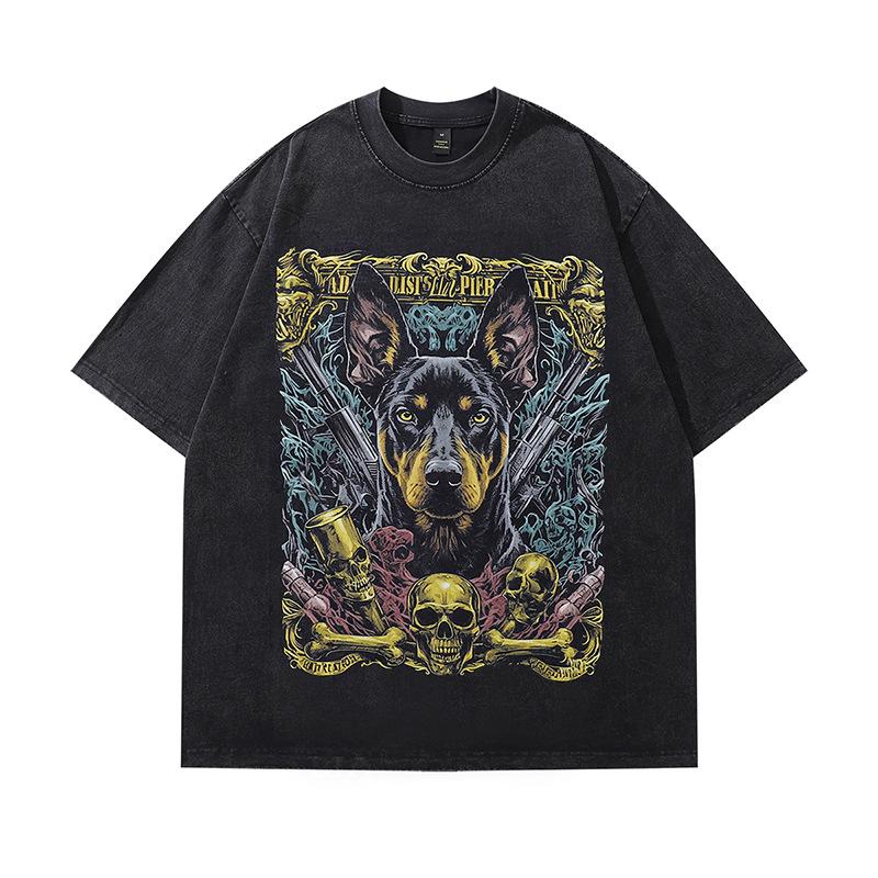 Washed And Polished Old Round Neck Pullover Sweater American High Street Doberman Print Retro Long-Sleeved T-Shirt Men