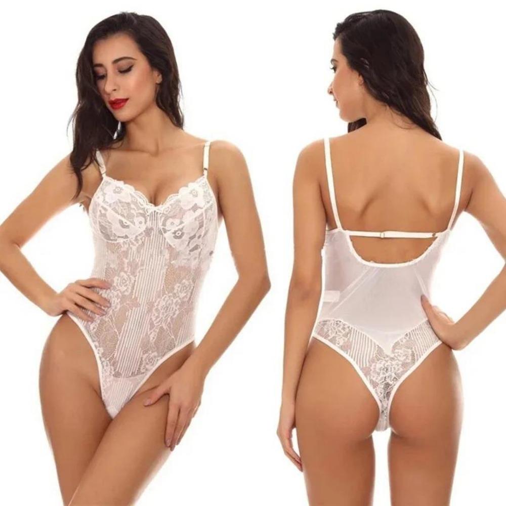 Sexy Crotchless Solid Underwear Women Lace Hollow Bra Set Erotic Costume  Baby Doll Dress Deep V Open Bra Sexy Lingerie Set