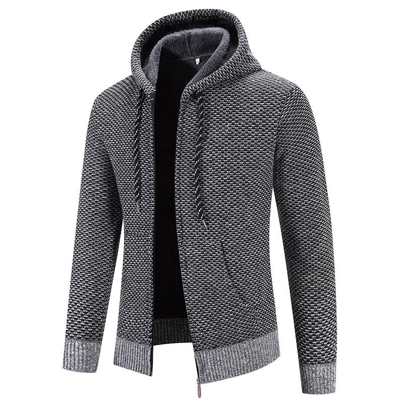 Мужской приталенный вязаный кардиган с капюшоном и бархатной подкладкой XXL