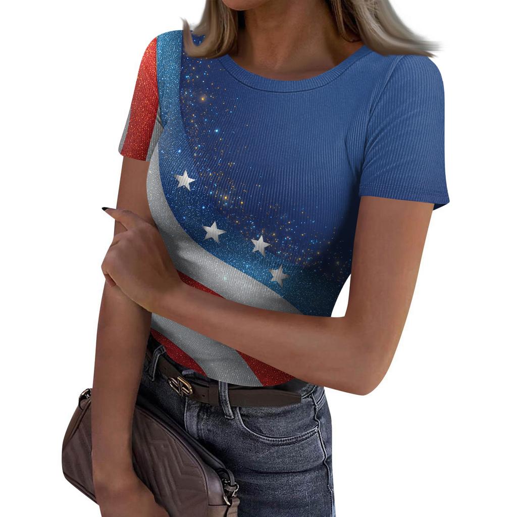 Women's Casual Fashion Round Neck Independence Day Print Short-Sleeve Ribbed Top