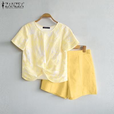Women Summer Round Neck Short Sleeve Printed Blouses Shorts Sets