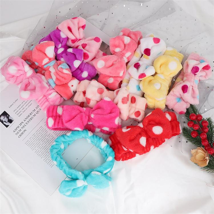 Cute Face Washing Girls Polka Dot Plush Elastic Hairband Cheap Soft Big Bow Dot Spa Headband
