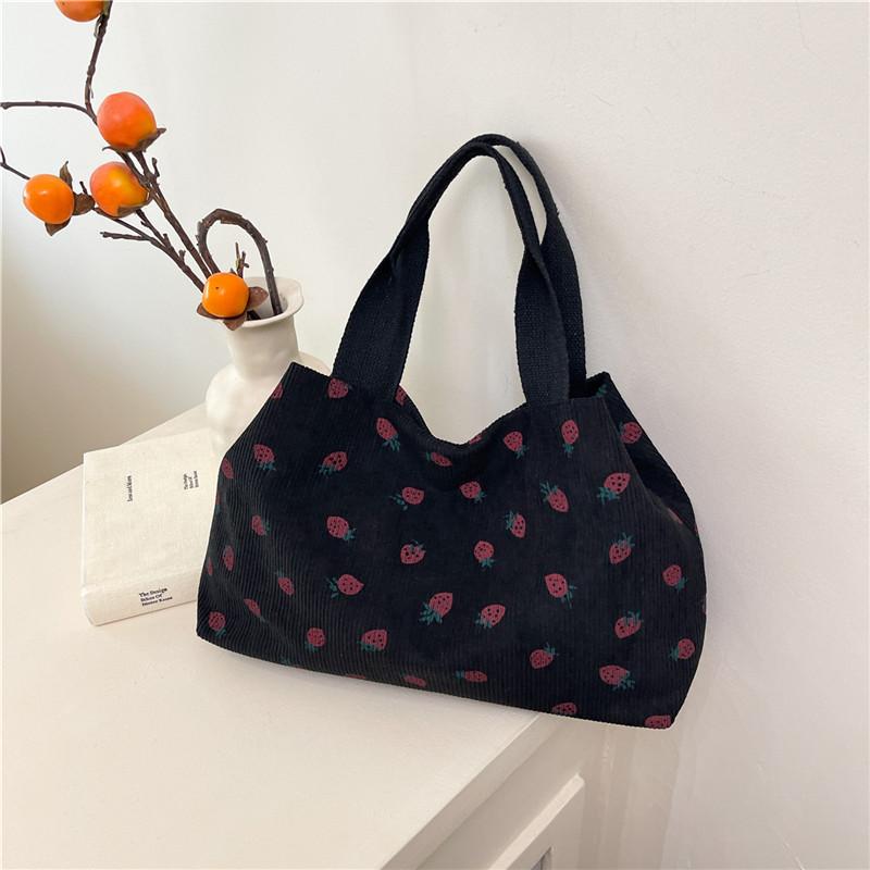 Large-capacity Beautiful Women's Bag Summer New Strip Velvet Strawberry Print Versatile Single Shoulder Portable Commuter Tote Bag