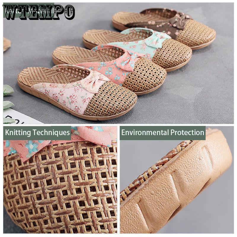Linen Slides Women's Outer Wear Shoes Summer Thick Bottom Sandals Indoor Home Soft Bottom Non-slip Grass Rattan Slipper Outdoor Beach Flip-flops