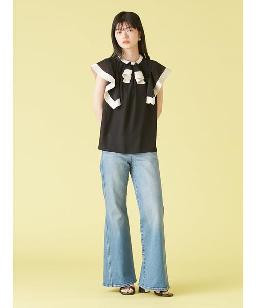 Lily Brown Square Sleeve Ruffle Blouse Black Women's LWFB252100,