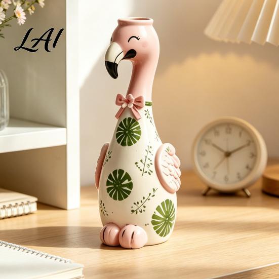 Pink Desk Ornament for Girls Cute Resin Flamingo Decorative Vase Flower Holder Figurine Statues Living Room Tabletop Dried Artificial Flowers,