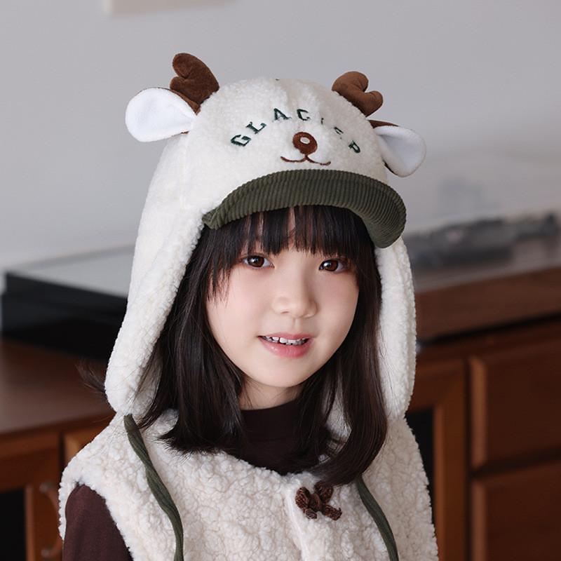 Winter Kids Cartoon Deer Plush Hat With Windproof Ear Flap For Outdoor Warmth