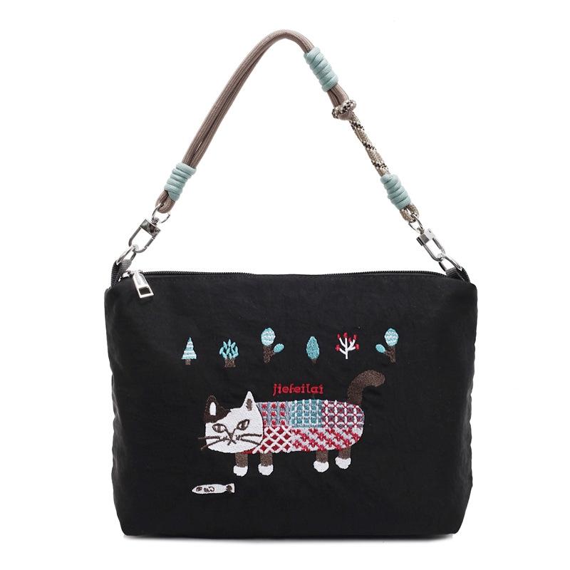 Large capacity spring and summer cat embroidery bag waterproof portable messenger bag shoulder bag shopping bag cartoon nylon bag female
